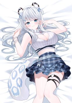 1girl :3 absurdres armpits artist_request bangle bare_arms bare_shoulders bed_sheet belt blue_eyes blue_skirt bra_strap bracelet breasts cleavage cleavage_cutout closed_mouth clothing_cutout collar crop_top extra_ears hair_ornament hair_spread_out hairclip hands_up hat heart heart_cutout heart_o-ring high-waist_skirt highres indie_virtual_youtuber jewelry large_breasts long_hair looking_at_viewer loose_belt lying midriff miniskirt mole mole_under_eye o-ring on_back plaid_clothes plaid_skirt ren_kohaku_(vtuber) ribbed_shirt second-party_source shirt skirt sleeveless sleeveless_shirt smile snow_leopard_ears snow_leopard_girl snow_leopard_tail solo thigh_strap thighs virtual_youtuber white_collar white_hair white_hat white_shirt