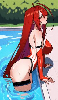 1girl ahoge arm_support breasts bridal_gauntlets bush competition_swimsuit day elizabeth_rose_bloodflame elizabeth_rose_bloodflame_(holonatsu_paradise) from_side hashtag-only_commentary highleg highleg_one-piece_swimsuit highres hololive hololive_english huge_ahoge large_breasts long_hair looking_at_viewer official_alternate_costume one-piece_swimsuit outdoors parted_lips pool poolside profile red_eyes red_hair red_one-piece_swimsuit ritorugalaxy sideways_glance sideways_mouth skindentation solo swimsuit thigh_strap very_long_hair virtual_youtuber water water_drop wet