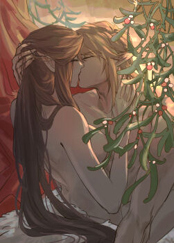 1boy 1girl blonde_hair breasts brown_hair christmas closed_eyes commentary couple hair_between_eyes hand_in_another's_hair hand_on_another's_neck hetero highres kiss kurokawa_karasu link long_hair medium_breasts mistletoe nintendo nude parted_bangs pointy_ears princess_zelda short_hair sidelocks symbol-only_commentary the_legend_of_zelda the_legend_of_zelda:_twilight_princess upper_body