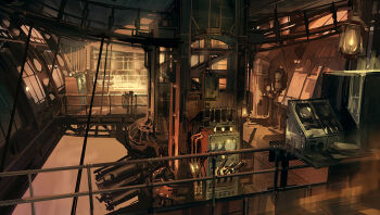 aircraft airship ben_lo bioshock bioshock_(series) bioshock_infinite cable display lever no_humans painterly perspective railing reflective_surface ship_turret switch vehicle_focus vehicle_interior window