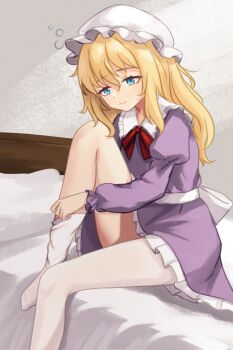 1girl back_bow bed blonde_hair blue_eyes bow bowtie chunjiu collar collared_dress commentary_request dress frilled_collar frilled_dress frills hat highres long_hair long_sleeves maribel_hearn mob_cap pillow puffy_sleeves purple_dress putting_on_legwear red_bow red_bowtie sitting socks solo thighhighs touhou white_hat white_socks white_thighhighs