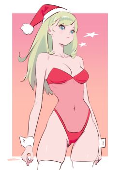 1girl blonde_hair border breasts character_request christmas closed_mouth commentary covered_navel hat highres ikeda_kazuhiro leotard long_hair original outside_border red_leotard santa_hat solo symbol-only_commentary white_border