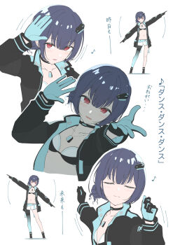 1girl absurdres amama_(pcnk4878) black_choker black_jacket blue_gloves blue_hair breasts choker closed_eyes collarbone dance_on_the_galaxy_(idolmaster) dog_tags eighth_note gloves hair_ornament hand_up highres idolmaster idolmaster_shiny_colors idolmaster_starlit_season jacket long_sleeves looking_at_viewer lyrics morino_rinze multiple_views musical_note official_alternate_costume open_clothes open_jacket outstretched_arm red_eyes short_hair shorts simple_background single_leg_pantyhose small_breasts standing translation_request white_background white_shorts