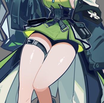 1girl arknights belt bike_shorts black_coat breasts coat dress feet_out_of_frame green_dress head_out_of_frame long_sleeves medium_breasts mon3tr_(arknights) nuggetkouhai open_clothes open_coat short_dress sideboob simple_background solo thigh_strap thighs