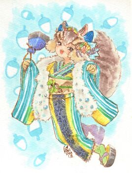 Rule 34 | 1girl, chipmunk costume, chipmunk ears, chipmunk girl, highres, kemono friends, kemono friends v project, kuri no sato, looking at viewer, siberian chipmunk (kemono friends), simple background, solo, virtual youtuber