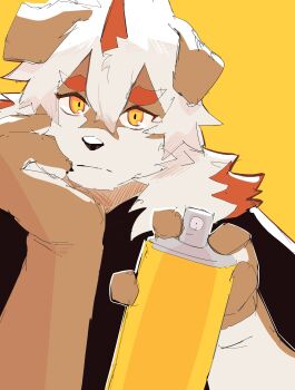 1boy absurdres aoi_(v_apii) arknights bara black_shirt can furry furry_male hand_on_own_chin highres holding holding_can horns hung_(arknights) long_hair looking_at_viewer mythological_creature shirt single_horn spray_can yellow_background yellow_eyes