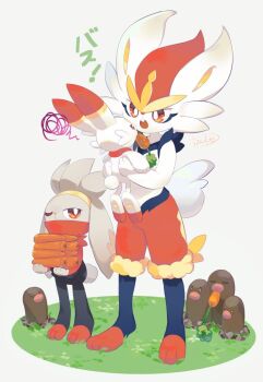 :o bright_pupils carrot cinderace commentary_request diglett dugtrio furry gen_1_pokemon gen_8_pokemon grass holding holding_carrot holding_pokemon izobe nintendo open_mouth orange_eyes pokemon pokemon_(creature) raboot scorbunny signature squiggle standing toes tongue tooth white_pupils