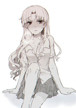 1girl absurdres arm_support blush collarbone commentary_request greyscale hickey higashizukihi_sei highres leg_up long_hair looking_at_viewer miniskirt monochrome nose_blush off_shoulder parted_lips pleated_skirt purple_eyes saliva shirai_kuroko skirt solo spot_color tearing_up toaru_kagaku_no_railgun toaru_majutsu_no_index wavy_hair