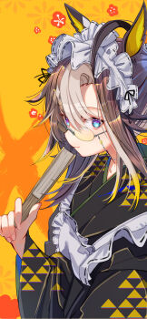1girl absurdres ahoge alternate_costume animal_ears apron black_kimono blue_eyes brown_hair closed_mouth commentary_request dream_journey_(umamusume) enmaided eyewear_strap folded_fan folding_fan glasses gradient_eyes hair_between_eyes hand_fan headdress highres horse_ears horse_girl japanese_clothes kimono long_sleeves looking_at_viewer maid maid_apron maid_headdress multicolored_ears multicolored_eyes multicolored_hair patterned_clothing purple_eyes sidelocks smile solo streaked_hair triangle_print umamusume upper_body white_hair yomean!