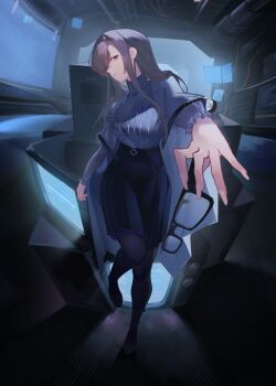 Rule 34 | 1girl, absurdres, arknights, belt, black belt, black hairband, black pantyhose, black skirt, brown eyes, brown hair, chinese commentary, closed mouth, coat, commentary request, dong tsugumi, fingernails, full body, hairband, highres, holding, holding removed eyewear, leg up, long fingernails, long hair, long sleeves, looking at viewer, nail polish, open clothes, open coat, pantyhose, priestess (arknights), purple coat, purple sweater, skirt, solo, standing, standing on one leg, sweater, television, turtleneck, turtleneck sweater, unworn eyewear