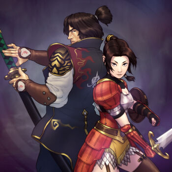 1boy 1girl armor back-to-back black_hair braid breasts brown_hair capcom character_request cleavage cleavage_cutout clothing_cutout commentary commentary_request facing_away facing_viewer fingernails gauntlets hair_bun highres holding holding_sheath holding_sword holding_weapon japanese_armor japanese_clothes jiggeh katana lips looking_at_viewer multicolored_hair nose onimusha samurai sheath shield shoulder_armor simple_background single_braid sword thighhighs two-tone_hair upper_body weapon