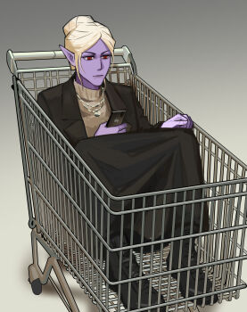 Rule 34 | 1girl, absurdres, alternate costume, baldur's gate, baldur's gate 3, black jacket, black shoes, black skirt, black suit, blonde hair, cellphone, colored skin, contemporary, dungeons & dragons, expressionless, formal clothes, full body, grey background, hair bun, highres, holding, holding phone, in shopping cart, jacket, jewelry, kanaewit, knees up, minthara, necklace, phone, pointy ears, purple skin, red eyes, shoes, shopping cart, short hair, simple background, single hair bun, sitting, skirt, smartphone, solo, suit, sweater, turtleneck, turtleneck sweater