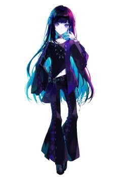 1girl absurdres belt black_belt black_choker black_hair black_nails black_pants black_shirt black_shoes blue_hair blunt_bangs chain choker closed_mouth full_body haishin_shoujo_no_uraaka_meikyuu hand_up highres hino_neon jewelry long_hair long_sleeves looking_at_viewer midriff multicolored_hair nail_polish navel navel_piercing necklace o-ring official_art pants piercing purple_eyes second-party_source shirt shoes simple_background solo standing tachi-e umemaro_(siona0908)