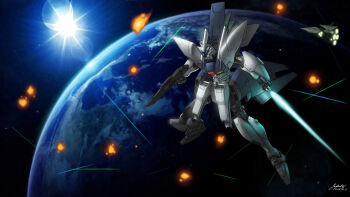 2015 aqua_eyes beam_rifle earth_(planet) energy_gun energy_sword explosion g-saviour_gundam gun gundam gundam_g-saviour holding holding_gun holding_sword holding_weapon humanoid_robot jefuty mecha mobile_suit no_humans planet robot science_fiction signature solo space sword v-fin weapon