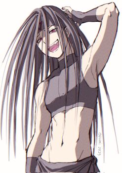 Rule 34 | 1boy, androgynous, arm up, black gloves, black hair, black headband, black shirt, black skirt, commentary, commentary request, crop top, english commentary, envy (fma), fullmetal alchemist, gloves, groin, headband, highres, linea alba, long hair, looking at viewer, male focus, midriff, mixed-language commentary, navel, open mouth, pumirasan, red eyes, shirt, skirt, smile, solo, teeth, tongue