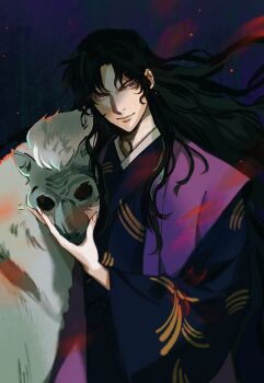 1boy black_hair blue_kimono curtained_hair floating_hair highres holding inuyasha japanese_clothes kataginu kimono long_hair long_sleeves looking_at_viewer male_focus monkey naraku_(inuyasha) ngop parted_bangs red_eyes solo upper_body very_long_hair wavy_hair wide_sleeves