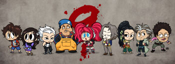 3girls 5boys :< adjusting_jacket aqua_belt aqua_eyes aqua_vest belt black_eyes black_hair black_jacket black_pants black_shirt black_shoes blue_jacket blue_shorts boots bow breasts brown_boots brown_hair brown_shoes chibi chibi_only cleavage clenched_hand closed_eyes closed_mouth commentary crossed_arms drawstring dress earmuffs english_commentary eyelashes facial_hair facial_mark facial_scar flannel flower full_body glasses goatee green_pants grey_background grey_boots grey_hair grey_jacket grey_leg_warmers grey_pants grey_socks grey_vest hair_flower hair_intakes hair_ornament hand_on_own_chin hands_in_pockets high_heels highres hood hoodie ichimiya_(kyokugen_dasshutsu) ikarokruz jacket junpei_(kyokugen_dasshutsu) kurashiki_akane kyokugen_dasshutsu kyokugen_dasshutsu:_9_jikan_9_nin_9_no_tobira leg_warmers lips long_hair long_sleeves lower_teeth_only mature_male multicolored_hair multiple_boys multiple_girls nakano_yotsuba necktie niels_(kyokugen_dasshutsu) ninth_man_(kyokugen_dasshutsu) open_clothes open_jacket open_mouth open_vest overalls own_hands_together pants pink_hair pink_shirt plaid_bow plaid_clothes plaid_skirt pom_pom_(clothes) pom_pom_drawstring ponytail purple_dress red_hair red_necktie red_shirt red_shoes santa_(kyokugen_dasshutsu) scar scar_across_eye scar_on_cheek scar_on_face scared seven_(kyokugen_dasshutsu) shirt shoes short_hair shorts signature skirt smile socks standing teeth toon_(style) twintails two-tone_hair vest watch white_hair white_hoodie white_shirt wristwatch yashiro_(kyokugen_dasshutsu) yellow_overalls