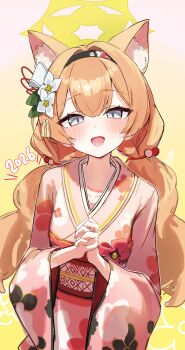 1girl alternate_costume alternate_hairstyle animal_ears blue_archive blue_eyes blush breasts cat_ears flower hair_flower hair_ornament japanese_clothes kimono long_hair mari_(blue_archive) orange_hair own_hands_clasped own_hands_together small_breasts solo teeth twitter upper_teeth_only urashima_jiro