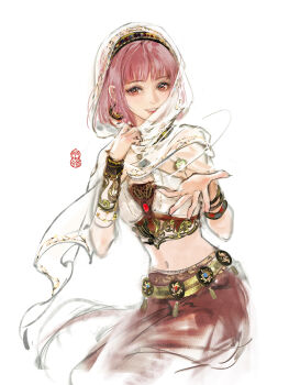 Rule 34 | 1girl, adjusting clothes, apple, belt, blunt bangs, bracelet, brown eyes, chinese commentary, cloak, commentary request, crop top, cropped legs, earrings, eyelashes, food, fruit, gold belt, gold bracelet, gold earrings, highres, hood, hood up, hooded cloak, hoop earrings, infinity nikki, jewelry, lipstick, makeup, midriff, multiple bracelets, navel, nikki (nikki), nikki (series), object floating above hand, offering hand, open mouth, pink hair, pink lips, purifying wind (infinity nikki), realistic, red skirt, sasora, see-through cloak, see-through clothes, shirt, short hair, signature, simple background, single bracer, skirt, smile, solo, teeth, white background, white cloak, white shirt