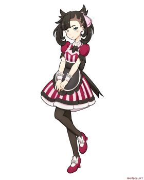 1girl ascot asymmetrical_bangs black_ascot black_hair black_pantyhose blush closed_mouth dress full_body green_eyes hair_ribbon highres looking_at_viewer maid marnie_(palentine&#039;s_2022)_(pokemon) marnie_(pokemon) mollipop_art nintendo own_hands_together pantyhose pokemon pokemon_masters_ex puffy_short_sleeves puffy_sleeves red_dress red_shoes ribbon shoes short_sleeves simple_background smile solo standing standing_on_one_leg striped_clothes striped_dress undercut white_background wrist_cuffs