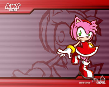 amy_rose animal_ears animal_nose bracelet character_name company_name copyright_logo copyright_name dress gold_bracelet green_eyes hairband hand_on_own_hip hedgehog_girl jewelry lineart logo looking_at_viewer official_art official_wallpaper pink_fur red_dress red_hairband red_shoes shoes sleeveless sleeveless_dress smile sonic_(series) sonic_battle zoom_layer