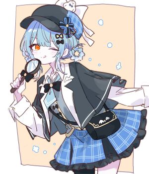 Rule 34 | 1girl, :q, asymmetrical legwear, bird hat ornament, black bag, black capelet, black hat, black pantyhose, blue hair, blue skirt, braid, braided hair rings, capelet, commentary, deerstalker, detective, hair rings, hat, highres, holding, holding magnifying glass, looking at viewer, magnifying glass, mahou shoujo no majo saiban, one eye closed, orange eyes, pantyhose, plaid clothes, plaid skirt, simple background, single leg pantyhose, skirt, solo, tachibana sherry, tongue, tongue out, two-tone background, waipiiy
