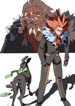 1boy absurdres blue_eyes brown_hair commentary fingerless_gloves fur-trimmed_jacket fur_trim gen_6_pokemon glint gloves highres holding holding_jewelry holding_ring jacket jewelry legendary_pokemon lysandre_(pokemon) male_focus mega_stone nintendo orange_hair pants pokemon pokemon_legends:_z-a pokemon_xy ring shadow simple_background white_background white_eyes yo89689 zygarde zygarde_(10) zygarde_cell