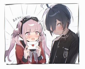 Rule 34 | 1boy, 1girl, :o, ahoge, black bow, black hair, black hairband, black jacket, black sailor collar, blush, bow, bow hairband, chinese commentary, commentary request, creator connection, crossover, danganronpa (series), danganronpa v3: killing harmony, double bun, emphasis lines, fishicon, hair bun, hairband, holding, holding letter, jacket, letter, long hair, looking at another, love letter, one eye covered, pink eyes, pink hair, red serafuku, saihara shuichi, sailor collar, school uniform, serafuku, short hair, sweat, the hundred line -last defense academy-, translation request, tsukumo kako, twintails, white background, white bow, yellow eyes