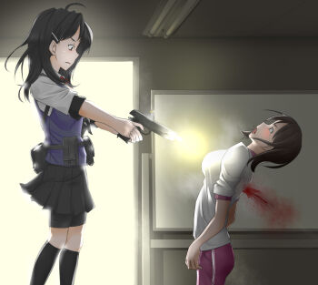 2girls belt belt_pouch bike_shorts black_hair black_skirt black_socks blood blood_splatter casing_ejection cocking_gun collared_shirt death erikku_(kata235) ero_guro execution firing from_side gun guro gym_uniform handgun highres holding holding_gun holding_weapon indoors injury kneehighs m1911 multiple_girls murder muzzle_flash original pistol pleated_skirt pouch school school_uniform serafuku shell_casing shirt shorts shorts_under_skirt skirt smoke socks standing tactical_clothes weapon whiteboard