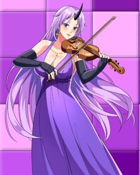 1girl aliasing black_gloves bow_(music) breasts cleavage commentary dress earrings elbow_gloves english_commentary fingerless_gloves gloves heyreza.art highres holding holding_bow_(music) holding_instrument holding_violin horns instrument jewelry large_breasts long_dress long_hair music parted_lips playing_instrument purple_background purple_dress purple_eyes purple_hair shion_(tensura) single_horn solo tensei_shitara_slime_datta_ken very_long_hair violin