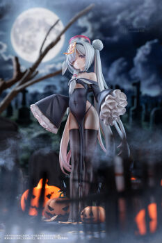 1girl absurdres alternate_costume alternate_hairstyle bare_shoulders black_choker black_eyes black_hairband black_thighhighs blue_archive china_dress chinese_clothes choker clothing_cutout colored_inner_hair commentary_request covered_navel cyohank double_bun dress figure_(medium) flat_chest frilled_skirt frills full_body full_moon hair_bun hair_over_one_eye hairband halo highleg highleg_panties highres jack-o'-lantern jiangshi jiangshi_costume long_hair long_sleeves looking_at_viewer meunhongcha moon multicolored_hair night off_shoulder ofuda ofuda_on_clothes ofuda_on_head one_eye_covered panties pelvic_curtain photo_(medium) pink_hair plana_(blue_archive) red_halo side_slit skirt sleeves_past_fingers sleeves_past_wrists soles solo talisman thighhighs twintails underboob_cutout underwear white_hair