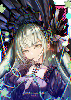 1girl aqua_ribbon arknights bang_dream! bang_dream!_it's_mygo!!!!! black_shirt brown_gloves chromatic_aberration collarbone commentary copyright_name earrings english_commentary finger_to_mouth frills gloves green_hair hair_ornament heart highres jewelry locked_boy long_hair looking_to_the_side official_alternate_costume ribbon shirt solo star_(symbol) wakaba_mutsumi wakaba_mutsumi_(marionette's_id) x_hair_ornament yellow_eyes