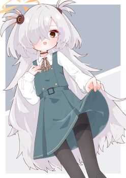 1girl absurdres black_pantyhose blue_archive dress hair_over_one_eye halo highres kanoe_(blue_archive) long_hair looking_at_viewer pantyhose protected_link rano_u_rabe shirt sleeveless sleeveless_dress solo two_side_up white_shirt