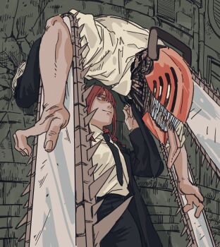 1boy 1girl black_jacket black_necktie black_pants braid breasts chainsaw chainsaw_devil chainsaw_man closed_mouth collared_shirt cowboy_shot denji_(chainsaw_man) hair_between_eyes hair_over_shoulder highres jacket light_smile long_hair makima_(chainsaw_man) medium_breasts necktie orange_eyes pants red_hair ringed_eyes sharp_teeth shirt shoes sidelocks single_braid sleeves_rolled_up sneakers suit_jacket sukesukeburger teeth tongue tongue_out white_shirt white_shoes