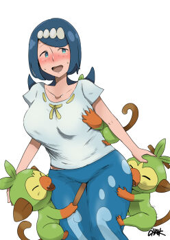 1girl absurdres blue_eyes blue_hair blush breasts chouku_tetsushitsuiwa dress fangs freckles gen_8_pokemon grookey groping highres lana's_mother_(pokemon) large_breasts long_hair mature_female molestation monkey nintendo open_mouth pokemon pokemon_(anime) pokemon_(creature) pokemon_sm_(anime) pokephilia simple_background smile sweat white_background