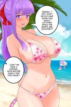 4girls arms_behind_back bandaged_head bandages bb_(fate) beach bikini breasts commentary condom condom_packet_strip condom_wrapper english_commentary english_text fate/extra fate/extra_ccc fate/grand_order fate_(series) floral_print giant giantess hair_ribbon highres kingprotea_(fate) large_breasts long_hair meltryllis meltryllis_(fate) meltryllis_(swimsuit_lancer)_(fate) multiple_girls navel ocean palm_tree partially_submerged passionlip_(fate) pink_bikini ponytail purple_eyes purple_hair raskasar ribbon single_sidelock slingshot_swimsuit sunglasses swimsuit tree underboob