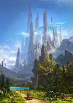 cloud crystal fantasy flower grand_scale highres k-takano lake landscape mountain nature original path road rock scenery sky staff tree very_wide_shot wagon water waterfall