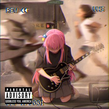 Rule 34 | 2girls, 9/11, absurdres, black shirt, bocchi the rock!, cable, character request, dated, electric guitar, gotoh hitori, grey skirt, guitar, hair ornament, hair over eyes, highres, holding, holding instrument, instrument, khyle., kneeling, long hair, marshall, miniskirt, multiple girls, music, pink hair, pleated skirt, running, shirt, short sleeves, skirt, very long hair