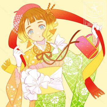 Rule 34 | 1girl, :o, absurdres, aqua eyes, bag, beret, blonde hair, bow, brown hair, brown ribbon, commentary request, floral print, floral print kimono, food, food-themed hair ornament, fringe trim, fruit, green kimono, hair ornament, hat, highres, holding shawl, japanese clothes, kazamati soyoka, kimono, leaning to the side, looking at viewer, multicolored hair, multicolored kimono, neck ribbon, obi, obiage, obijime, one side up, open mouth, orange (fruit), orange background, orange kimono, orange slice, original, parted bangs, print kimono, red bag, red hat, red shawl, ribbon, sash, shawl, short hair, simple background, solo, two-sided shawl, two-tone hair, upper body, wafer stick, watermark, white bow, wide sleeves, yellow kimono, yellow sash, yellow shawl