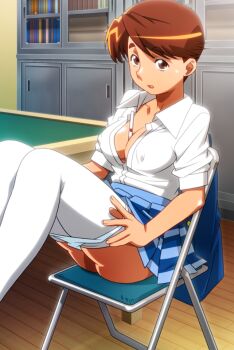 Rule 34 | 1girl, between breasts, blue skirt, breasts, chair, cleavage, collared shirt, covered erect nipples, feet out of frame, folding chair, indoors, knees up, miniskirt, non-web source, official art, on chair, open mouth, panties, panty pull, photoshop (medium), pleated skirt, shirt, shirt tucked in, short hair, short sleeves, sitting, skirt, solo, striped clothes, striped skirt, super real mahjong, tanaka ryou, thighhighs, toono mizuki, underwear, white panties, white shirt, white thighhighs, wooden floor