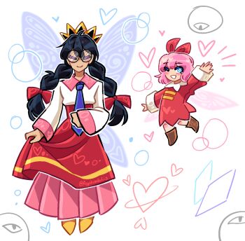 Rule 34 | 2girls, artist name, asphodelis, black hair, blue eyes, bow, braid, closed eyes, crown, dark matter trio, fairy, fairy wings, hair bow, highres, kirby (series), kirby 64, long hair, long skirt, low twin braids, multiple girls, nintendo, one eye closed, pink hair, pink skirt, red bow, ribbon (kirby), ripple star queen, skirt, smile, twin braids, wings