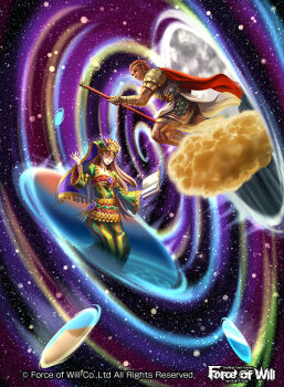 1boy 1girl armor beard book brown_hair cape circlet cloud copyright_name closed_eyes facial_hair force_of_will gloves long_hair nagasaki_yuko official_art red_hair staff star_(sky) veil