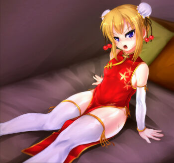 Rule 34 | 1girl, blonde hair, blue eyes, china dress, chinese clothes, double bun, dress, hair bun, long riders!, looking at viewer, pillow, saijou hinako, sitting, solo, thighhighs, thighs, tsurime, yatarou (rapidrabbit)