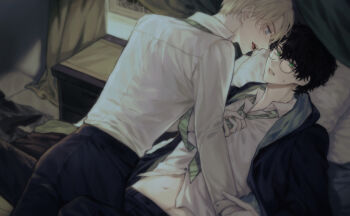 bed black_hair black_pants blonde_hair blue_eyes collar curtains draco_malfoy eyelashes glasses green_eyes harry_potter harry_potter_(series) hogwarts_school_uniform indoors kakiko_(15626244) looking_at_another lying lying_on_person messy_hair navel necktie on_back open_mouth pants parted_lips pillow school_uniform shirt short_hair slytherin stomach striped_necktie sweat sweatdrop teeth tongue upper_teeth_only white_shirt wing_collar wizarding_world yaoi