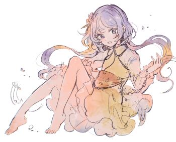 1girl :d barefoot biwa_lute commentary_request dress full_body highres instrument long_hair looking_at_viewer low_twintails lute_(instrument) mozukuzu_(manukedori) musical_note musical_staff open_mouth purple_eyes purple_hair shirt smile solo toes touhou tsukumo_benben twintails white_background yellow_dress