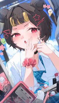 1girl absurdres black_choker black_hair blue_necktie blush bottle cellphone cellphone_display character_request charger chisei259 choker collared_shirt contact_lens copyright_request double_bun flower food hair_bun hair_intakes hair_ornament hair_rollers hairclip highres ice_cream mirror necktie open_mouth phone pink_flower pink_scrunchie plaid_clothes plaid_necktie polka_dot red_eyes reflection scrunchie shirt short_hair smartphone solo standing star_(symbol) star_hair_ornament sweatdrop tongue tongue_out upper_body white_shirt wrist_scrunchie