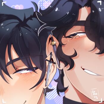 Rule 34 | 2boys, black eyes, black hair, camera, close-up, heads together, highres, kim dokja, looking at another, lumolyv, matching earrings, multiple boys, omniscient reader's viewpoint, portrait, short hair, sidelocks, smirk, sword, weapon, yoo joonghyuk