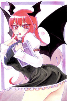 1girl :o ass bat_wings black_skirt black_vest blush book breasts commentary demon_girl head_wings heart heart-shaped_pupils highres holding holding_book juliet_sleeves koakuma large_breasts long_hair long_sleeves looking_at_viewer no_panties petticoat pinky_out puffy_sleeves red_eyes red_hair simple_background skirt skirt_set solo straight_hair symbol-shaped_pupils thighs tottokototoko24 touhou traditional_media very_long_hair vest watercolor_pencil_(medium) wings