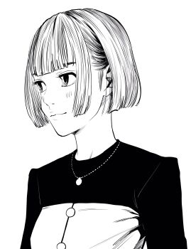 1girl blunt_bangs bob_cut breasts commentary_request eyebrows_hidden_by_hair eyelashes hair_behind_ear hatching_(texture) highres jacket jewelry lee_(dragon_garou) light_blush light_smile medium_breasts monochrome necklace original portrait profile short_hair sideburns solo