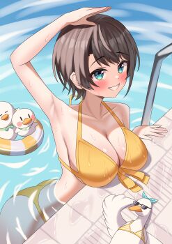 1girl absurdres aqua_eyes arm_up armpits bikini blush breasts brown_hair hair_between_eyes highres hololive kumoru_(kumoru_145) large_breasts oozora_subaru pool short_hair smile solo subaru_duck swimsuit teeth virtual_youtuber yellow_bikini